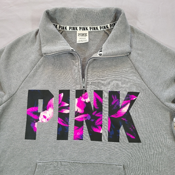 Victoria's Secret PINK Bling Gray Floral Quarter Zip Pullover Size Small - Picture 3 of 9